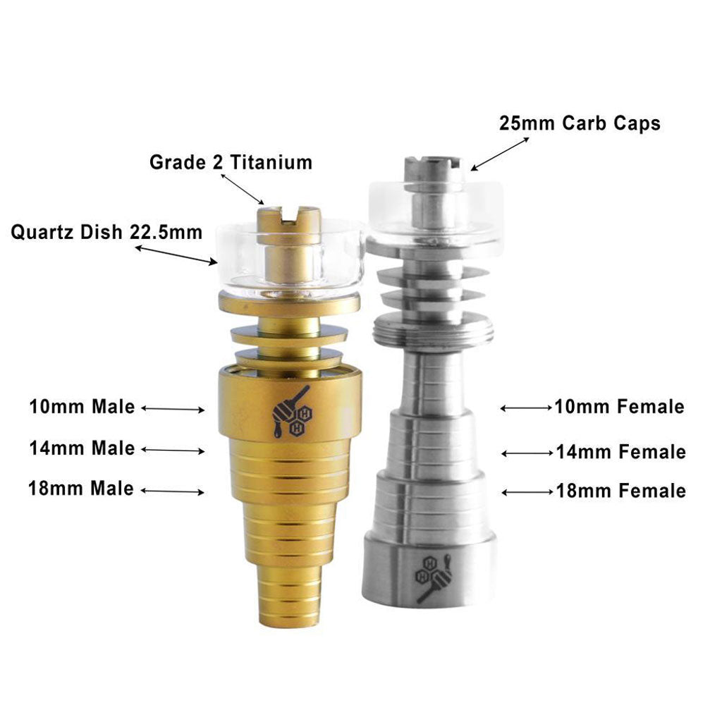 Titanium 6 in 1 Hybrid Dab Nail Compatible With 10mm 14mm 18mm Male & Female Joints Infographic | Honeybee Herb