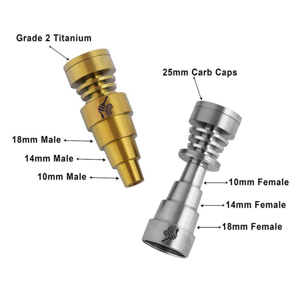 Titanium Gold & Silver 6 in 1 Skillet Dab Nail Compatible With 10mm 14mm 18mm Male & Female Joints Infographic | Honeybee Herb