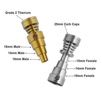 Thumbnail for Titanium Gold & Silver 6 in 1 Skillet Dab Nail Compatible With 10mm 14mm 18mm Male & Female Joints Infographic | Honeybee Herb