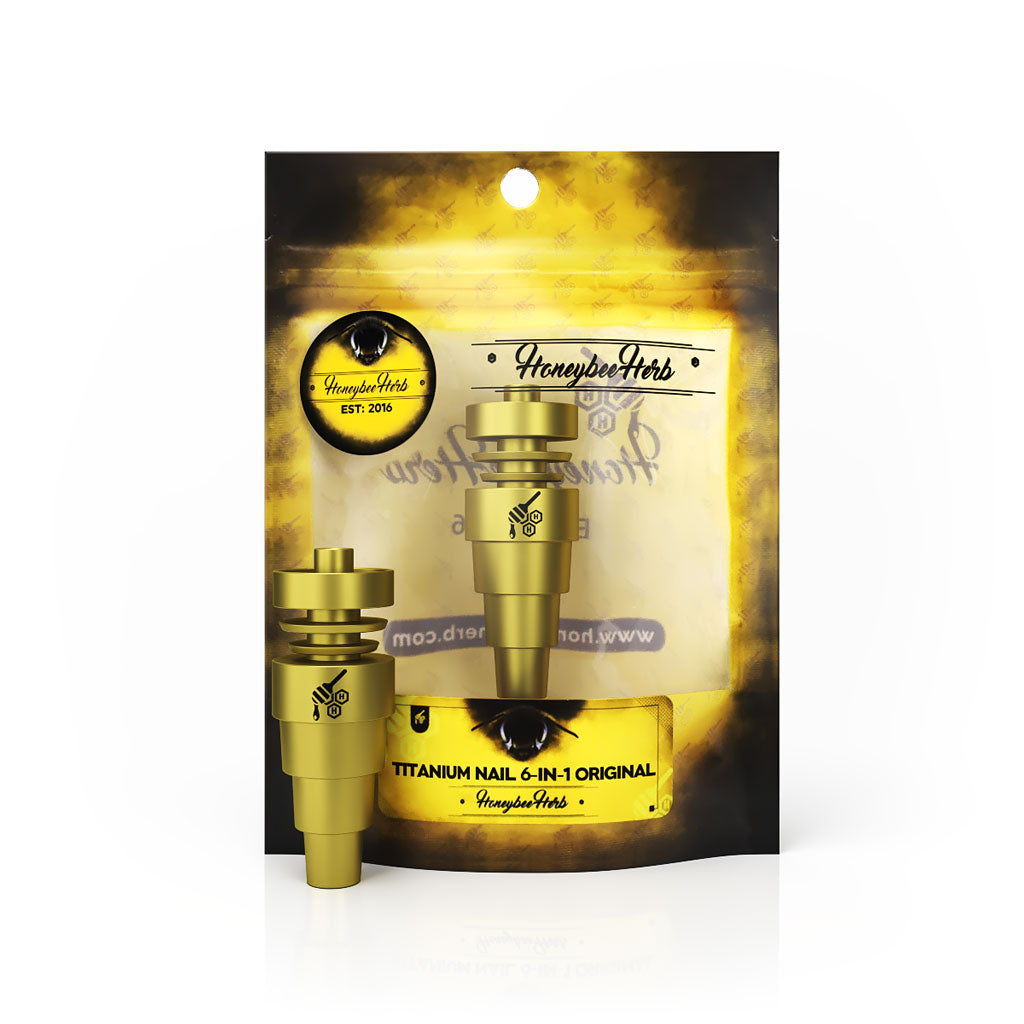 Universal Titanium 6-in-1 Original Gold Dab Nail and can be used with 10mm, 14mm, and 18mm Male Joints.