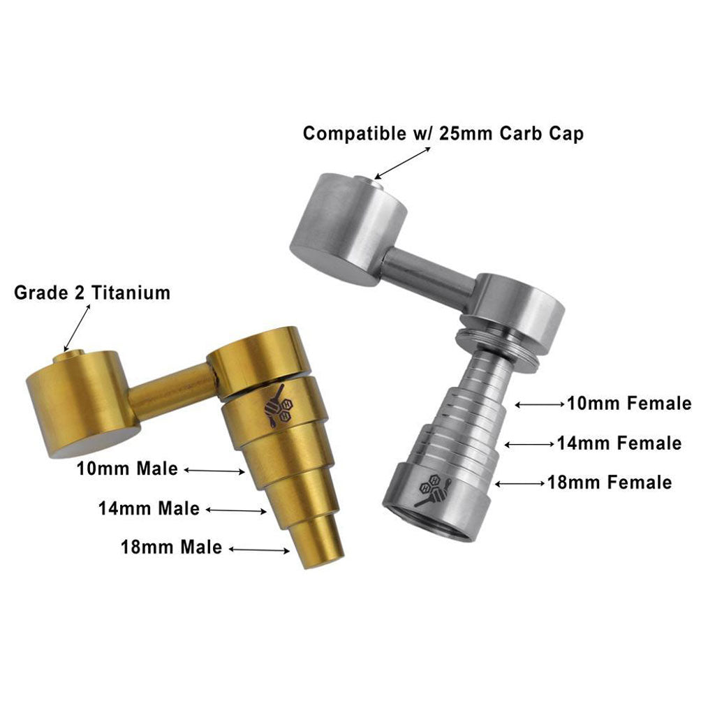 Titanium Gold And Silver 6 in 1 Sidecar Dab Nail Compatible With 10mm 14mm 18mm Male & Female Joints Infographic | Honeybee Herb