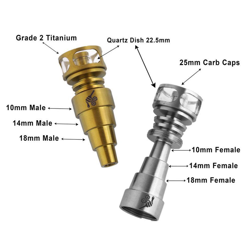Titanium 6 in 1 Cage Hybrid Dab Nail Compatible With 10mm 14mm 18mm Male & Female Joints Infographic | Honeybee Herb